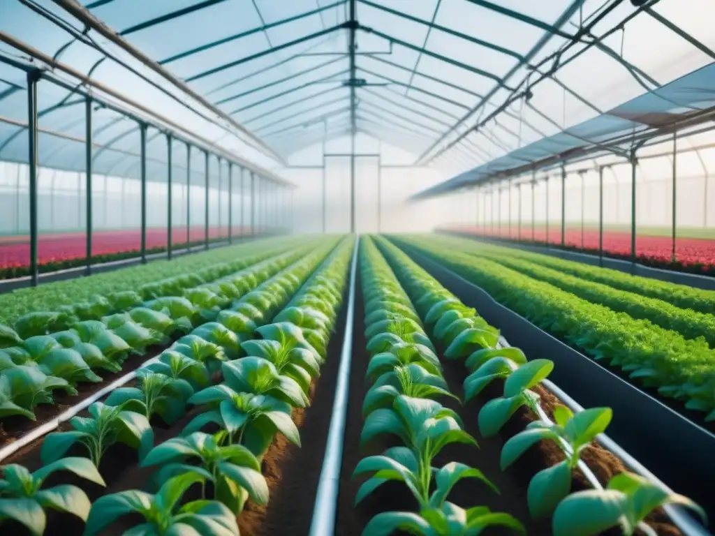 Vista detallada de invernadero futurista con automatización en agricultura moderna sostenible