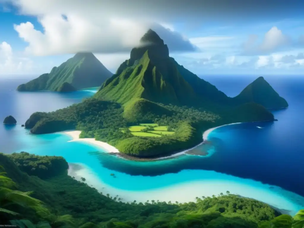 Vista detallada de la isla de Ta'u en Samoa Americana, con exuberantes bosques verdes y aguas azules cristalinas