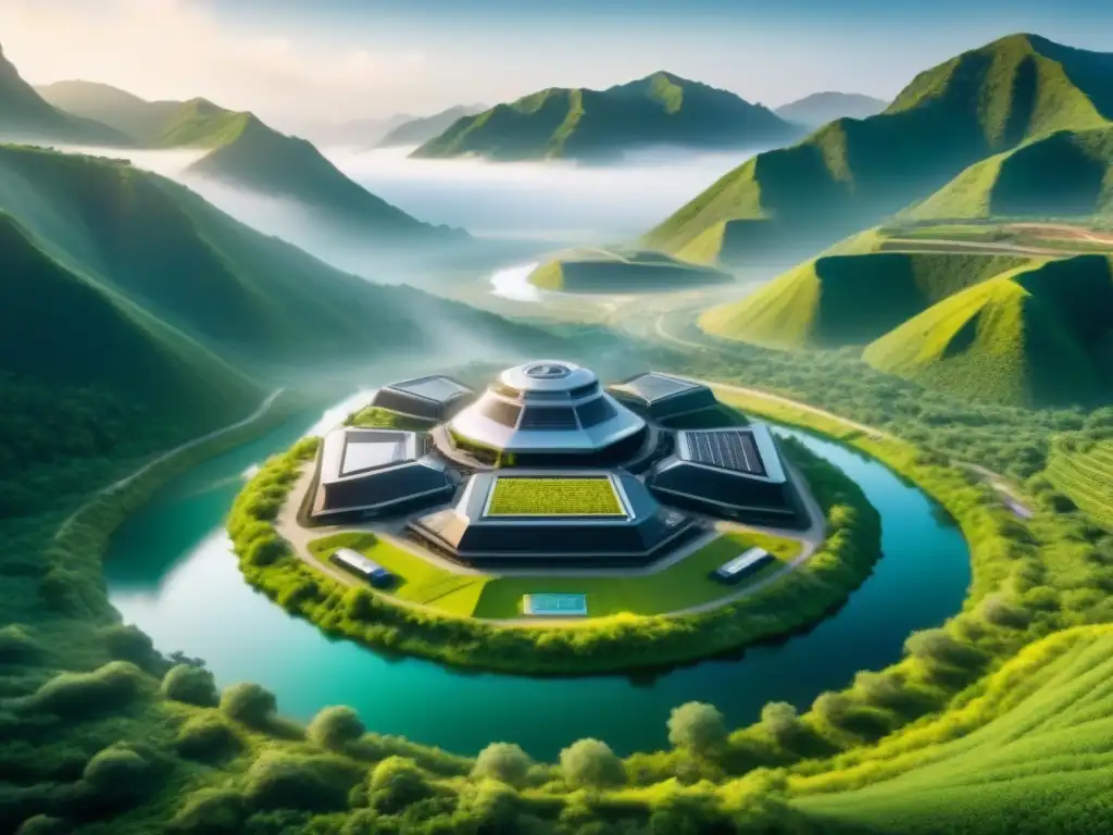 Vista detallada 8k de mina futurista integrada en paisaje verde, equilibrio perfecto entre tecnología y naturaleza