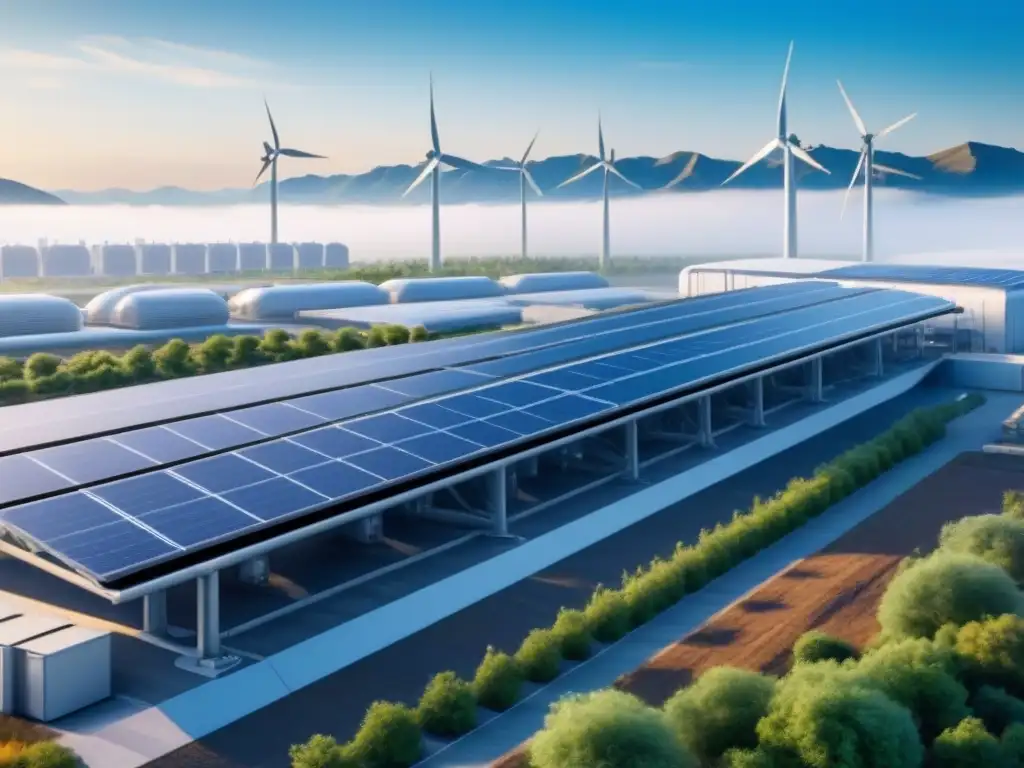 Vista detallada de una planta industrial futurista con nanotecnología, paneles solares y turbinas eólicas