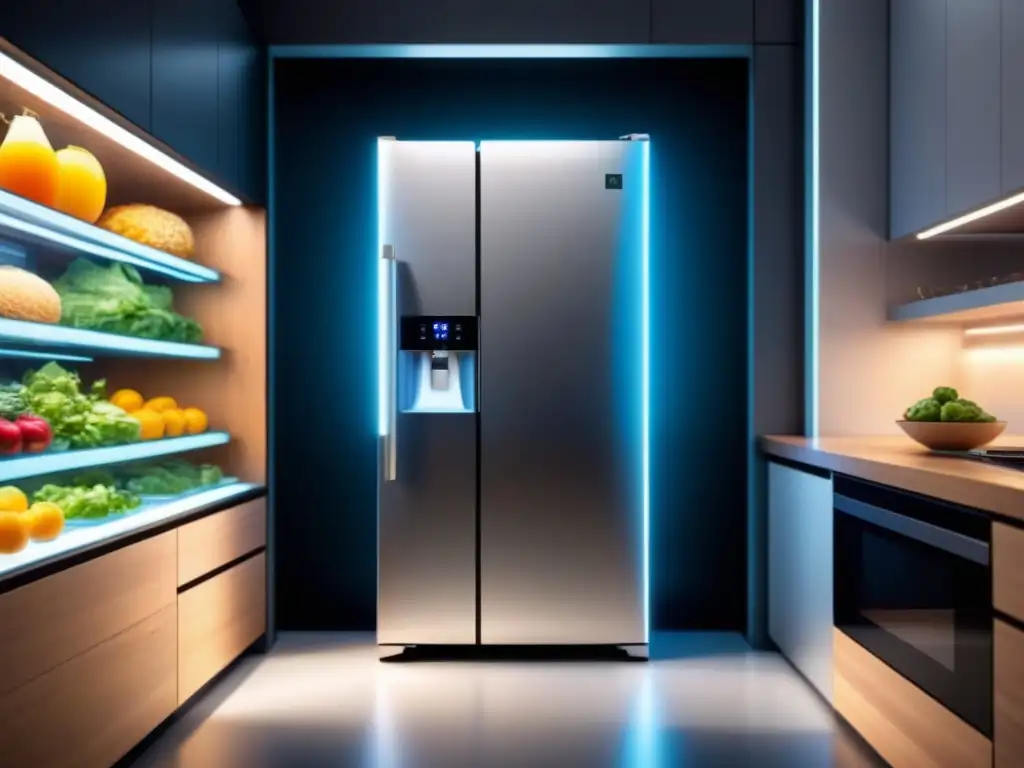 Vista detallada de un refrigerador futurista con tecnologías de refrigeración avanzada, mostrando alimentos frescos y organizados