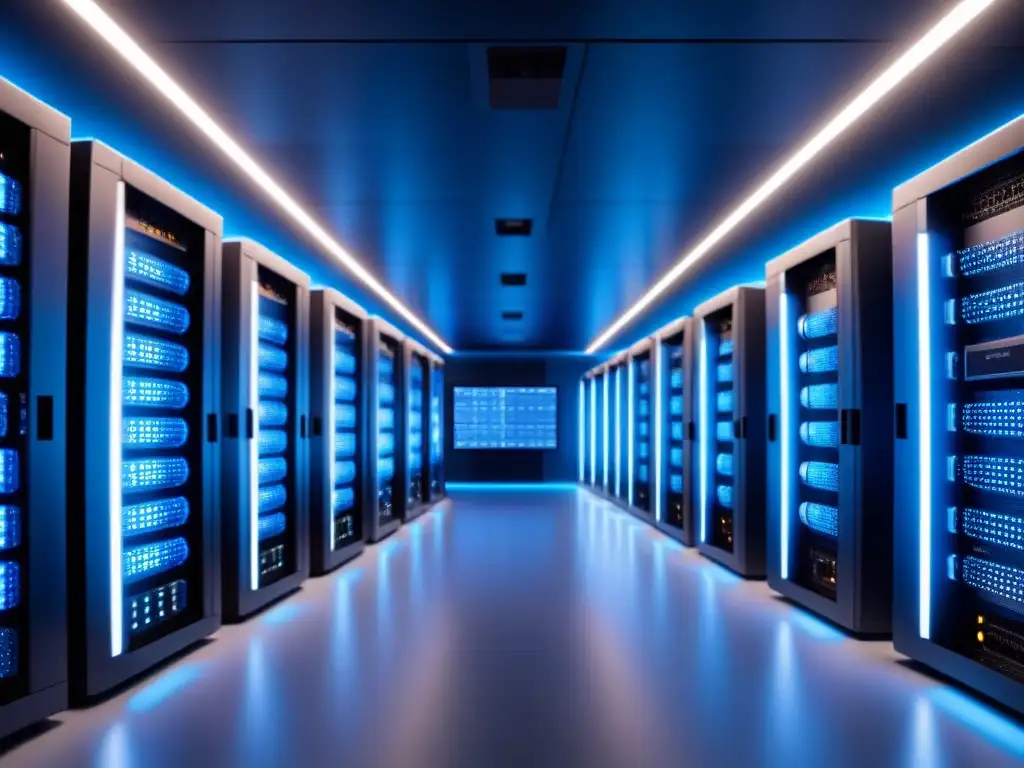 Vista detallada de una sala de supercomputadoras con tecnología de punta, iluminada en azul futurista