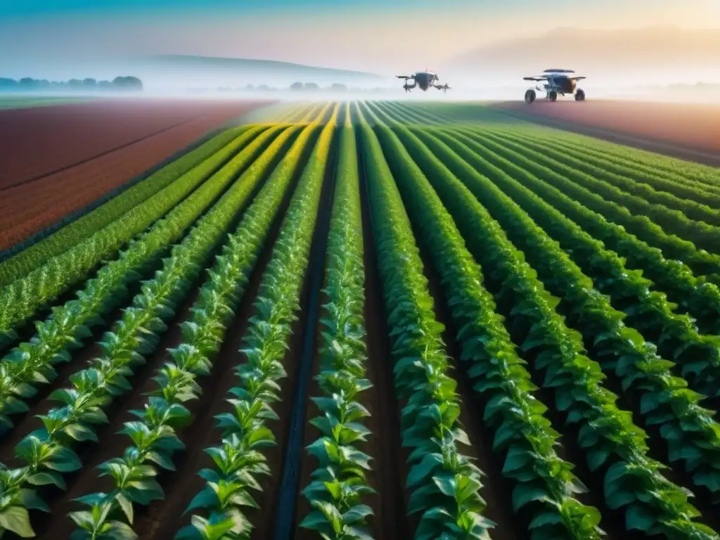 Una vista futurista de un campo agrícola con gestión eficiente en agricultura digital, combinando naturaleza e innovación