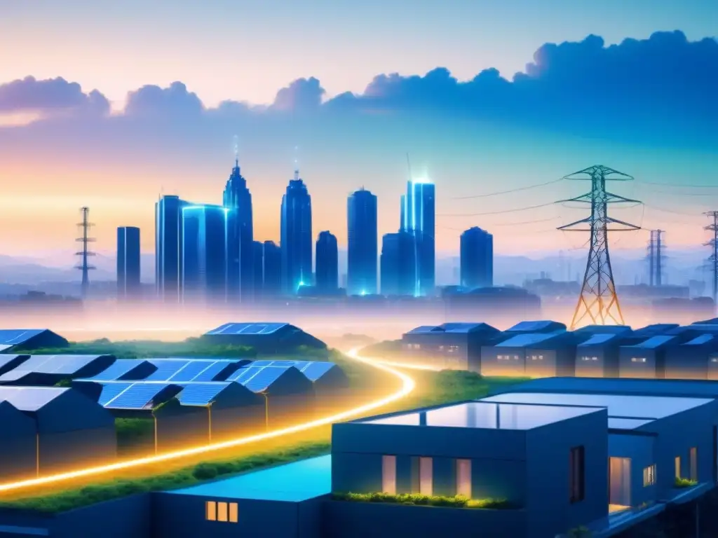 Vista futurista de una ciudad con almacenamiento de energía integrado en su diseño urbano