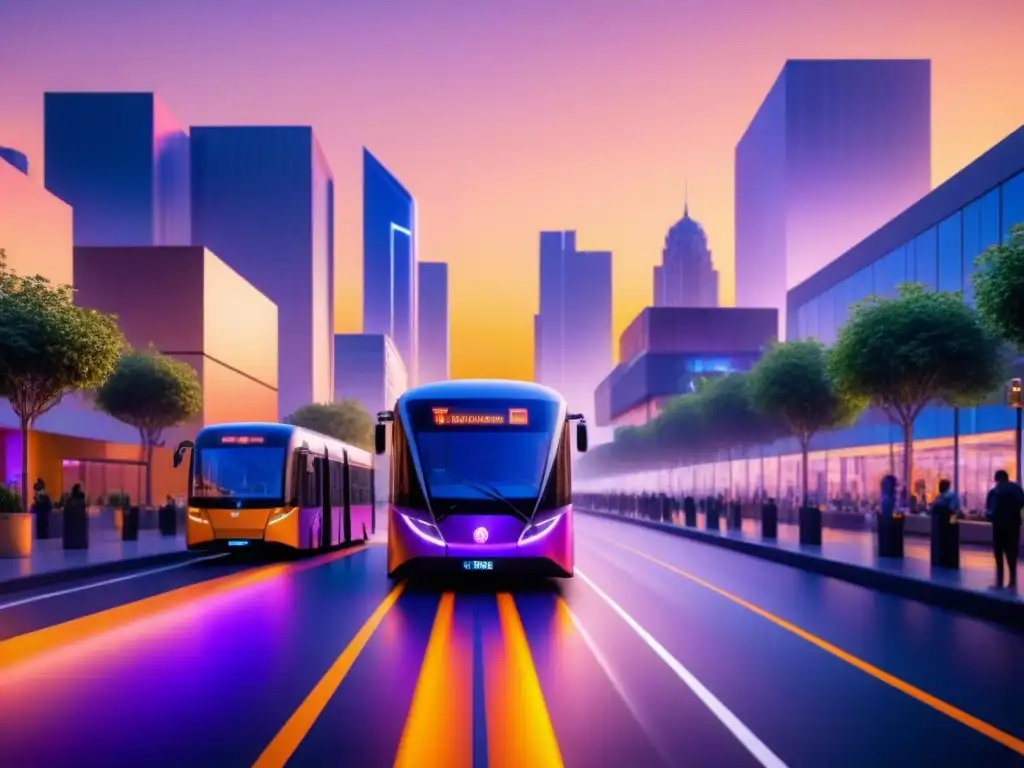 Cityscape futurista: buses eléctricos en entorno sostenible al atardecer Vista futurista de una ciudad al atardecer con transporte público eléctrico, edificios energéticamente eficientes y vegetación exuberante