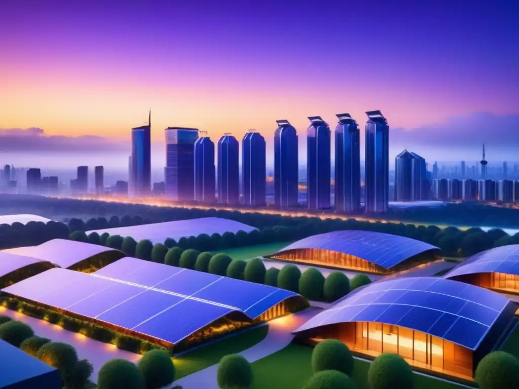 Vista futurista de la ciudad al atardecer, con energías renovables para ciudades inteligentes