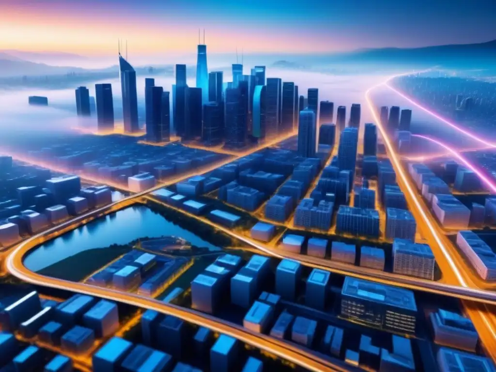 Cityscape futurista con tecnología GIS para planificación urbana Vista futurista de una ciudad con datos interconectados, destacando la importancia de la capacitación en GIS para profesionales