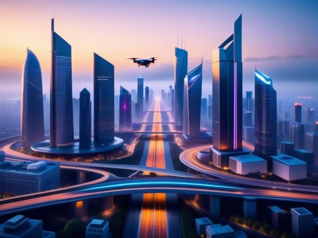 Vista futurista de una ciudad al anochecer con drones de entrega y optimización de rutas