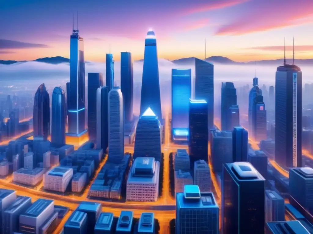 Metrópolis futurista con IA integrada Vista futurista de una ciudad con edificios interconectados y vehículos autónomos, integrando la inteligencia artificial en gestión tecnológica