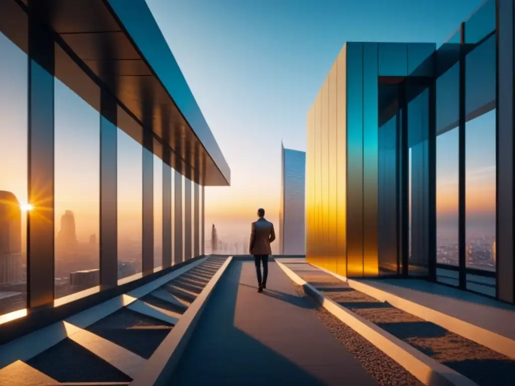 Vista futurista de la ciudad con edificios de materiales autoreparables en la construcción, brillando bajo un atardecer dorado