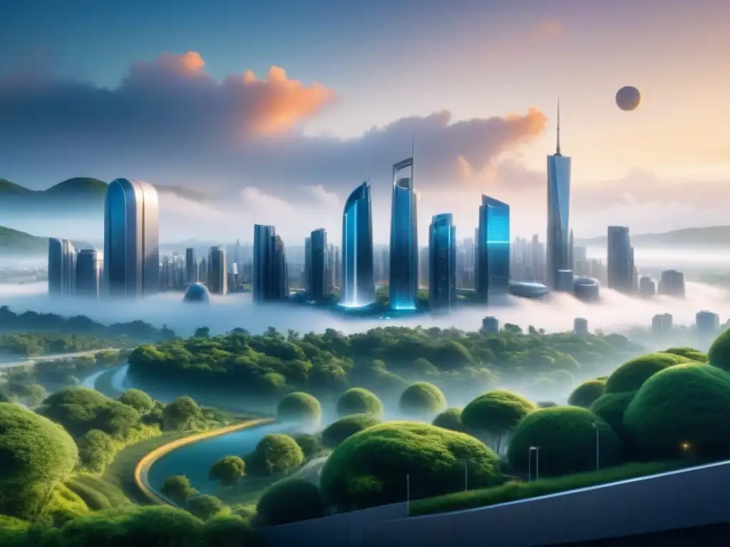 Vista futurista de ciudad con edificios energéticos y naturaleza