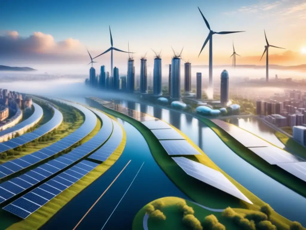 Vista futurista de una ciudad con energía renovable y edificios integrados con paneles solares y turbinas eólicas