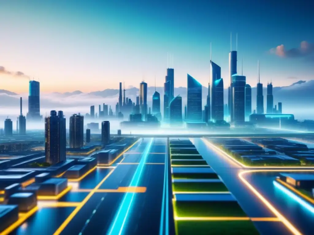 Vista futurista de una ciudad industrial con tecnología GIS revolucionando planificación industrial futura