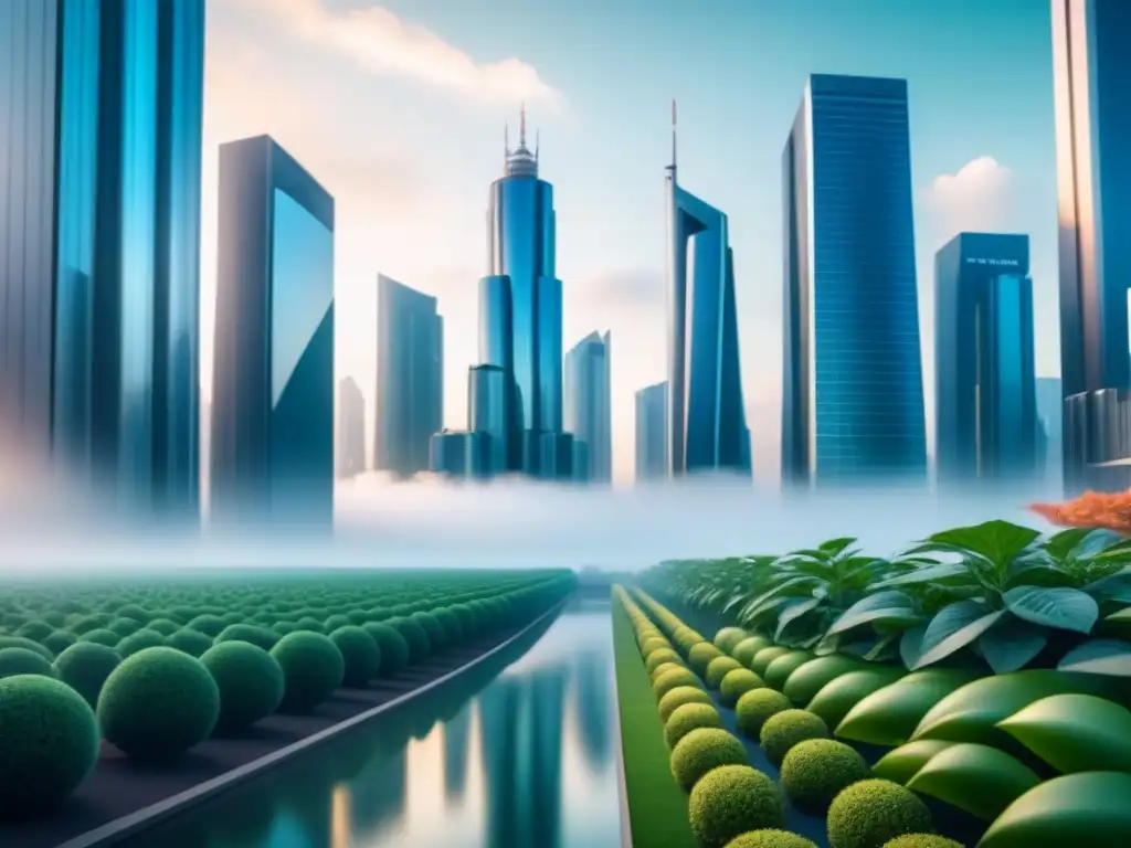 Vista futurista de la ciudad con nanomateriales reflectantes y parque verde purificador