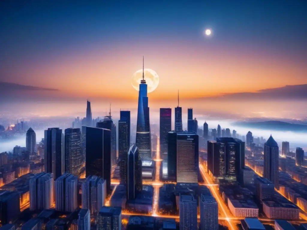 Una vista futurista de la ciudad de noche, con rascacielos luminosos y eficientes, destacando una torre central iluminada