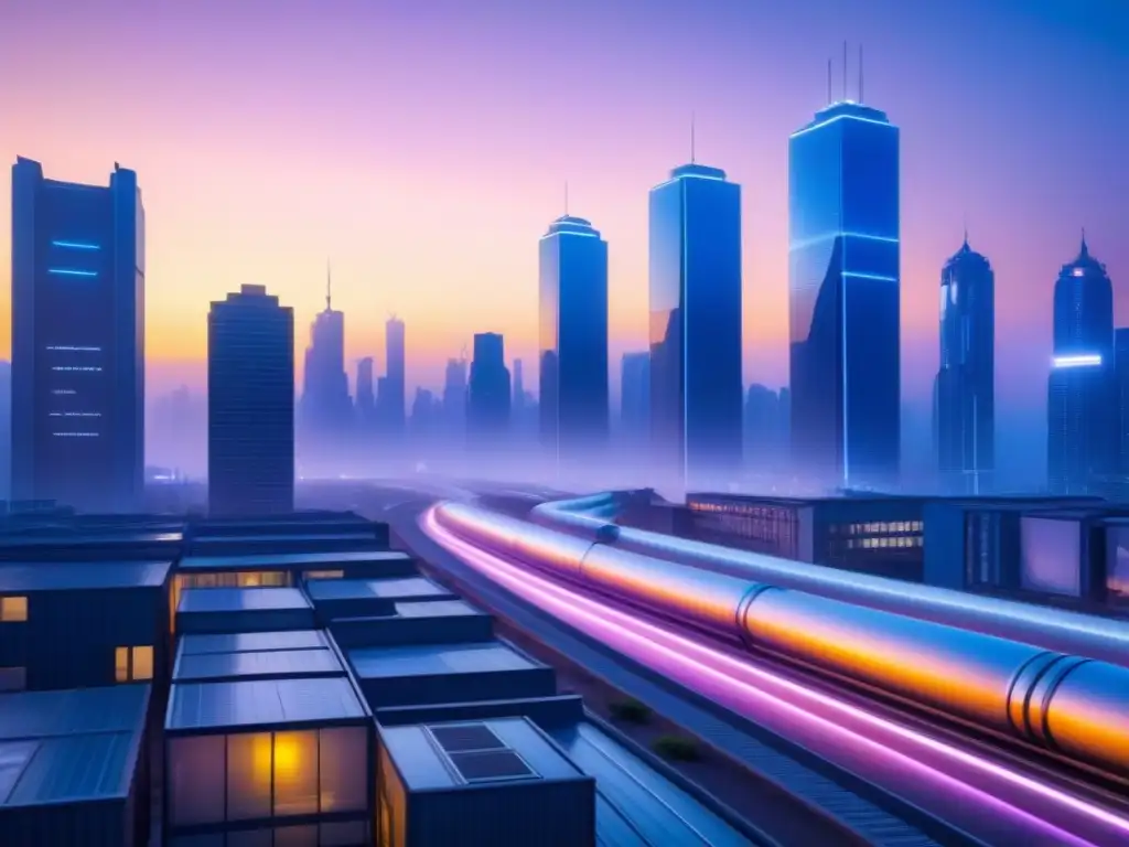 Vista futurista de la ciudad al anochecer con rascacielos, luces de neón y tubos transparentes transportando plástico reciclable
