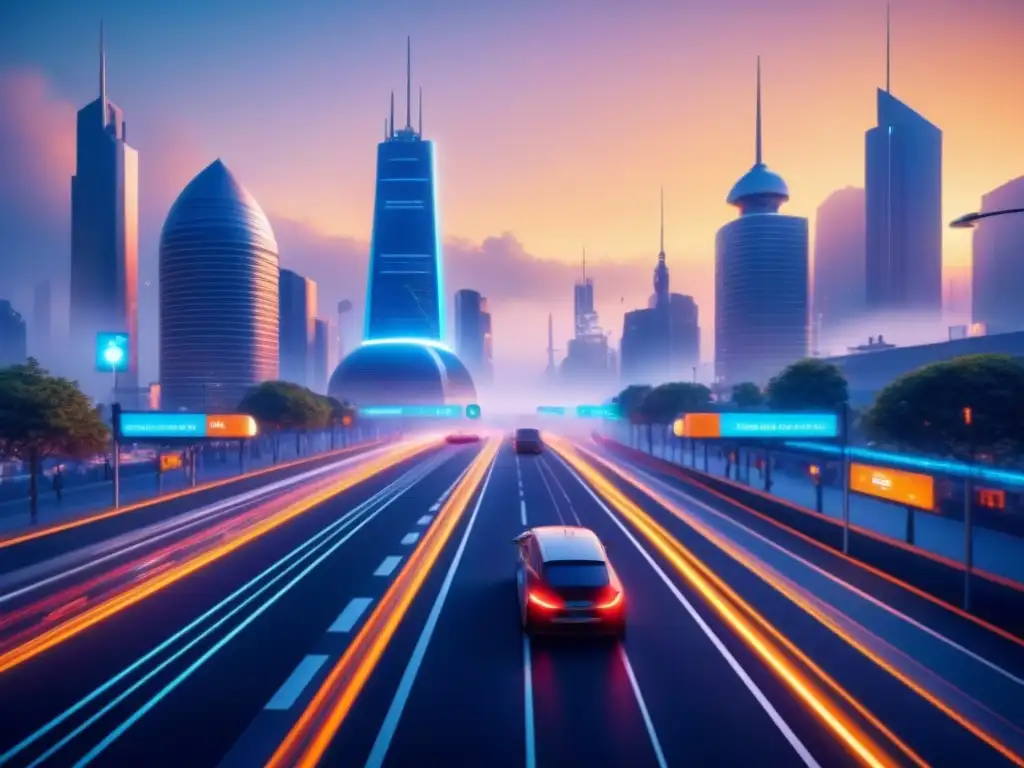 Vista futurista de una ciudad con Sistemas de transporte inteligentes en tiempo real