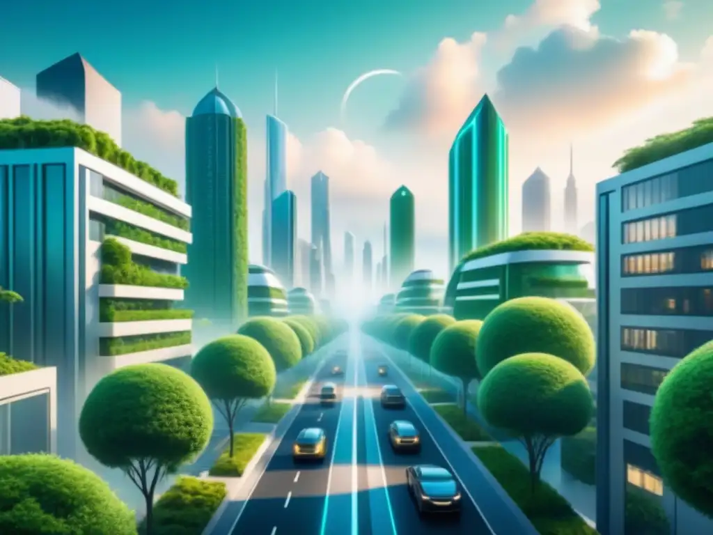 Vista futurista de una ciudad sostenible con tecnología blockchain en logística, armonizando tecnología y naturaleza