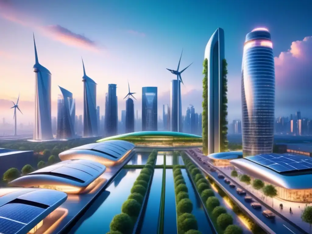 Vista futurista de ciudad sostenible con energía limpia, modelando el futuro