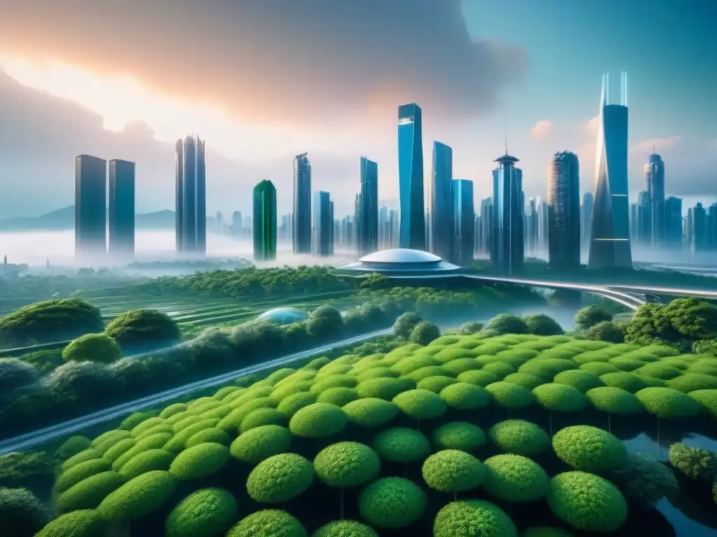 Vista futurista de ciudad sostenible integrando IA y biotecnología