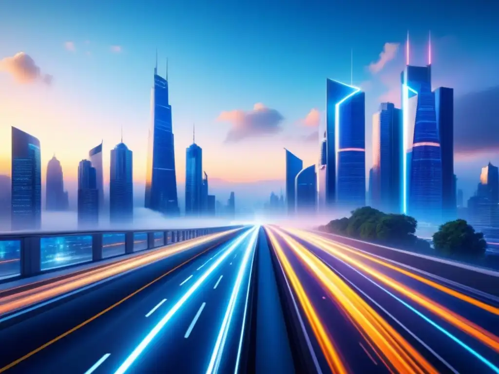 Vista futurista de una ciudad con tecnologías emergentes en infraestructura inteligente