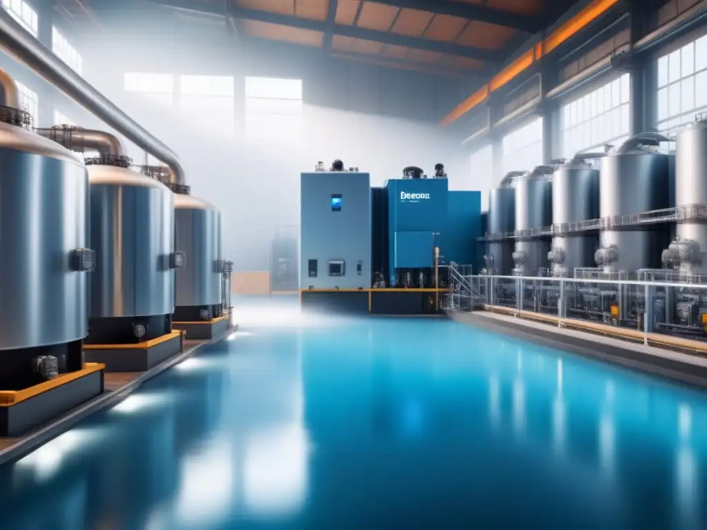 Factoría industrial futurista con sistema IoT para gestión del agua Vista futurista de fábrica industrial con IoT para optimización recursos hídricos