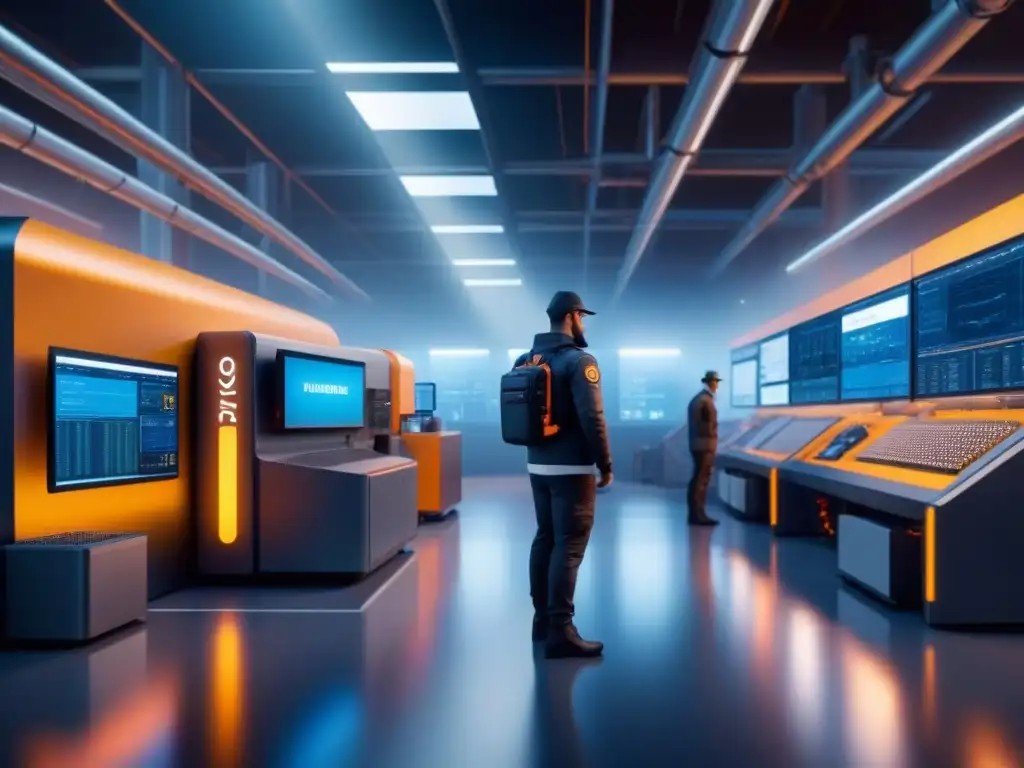 Facility industrial futurista con IIoT y seguridad avanzada Vista futurista de instalaciones industriales con seguridad en IIoT revolucionando industria