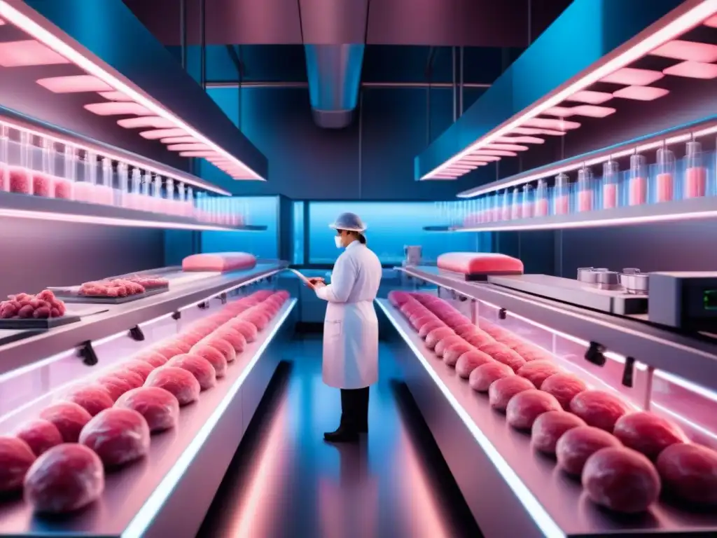 Vista futurista de laboratorio con bioreactores cultivando carne en laboratorio biotecnología bajo luz neón suave