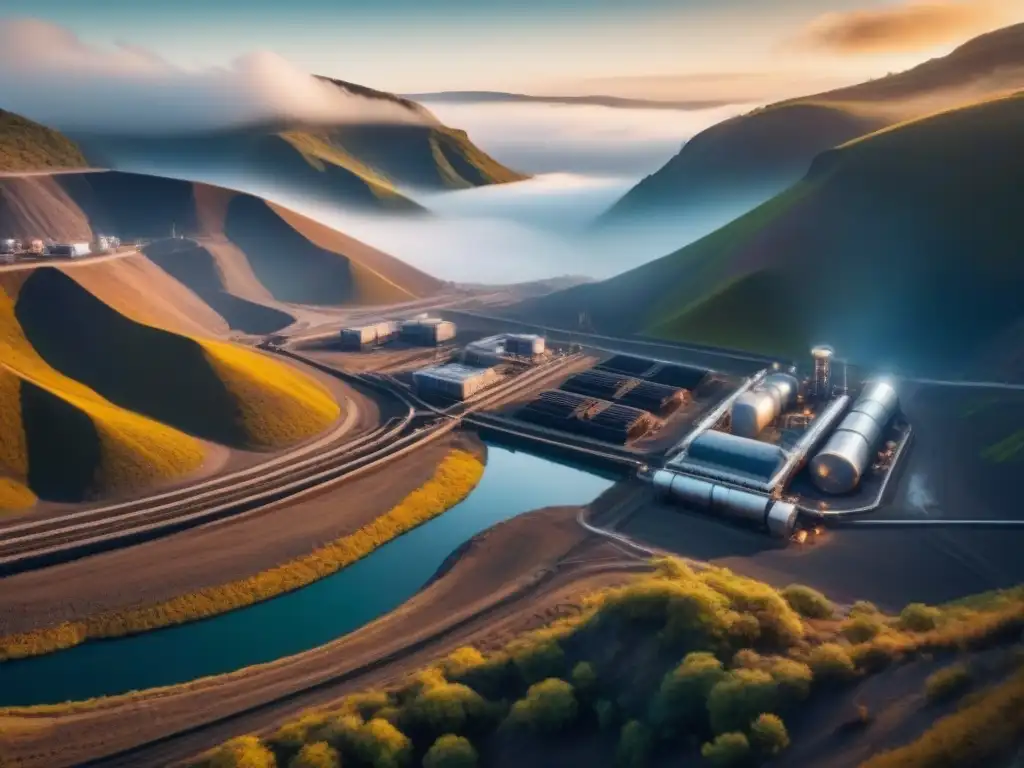 Vista futurista de una mina moderna con IoT integrado, resaltando la armonía entre tecnología y naturaleza