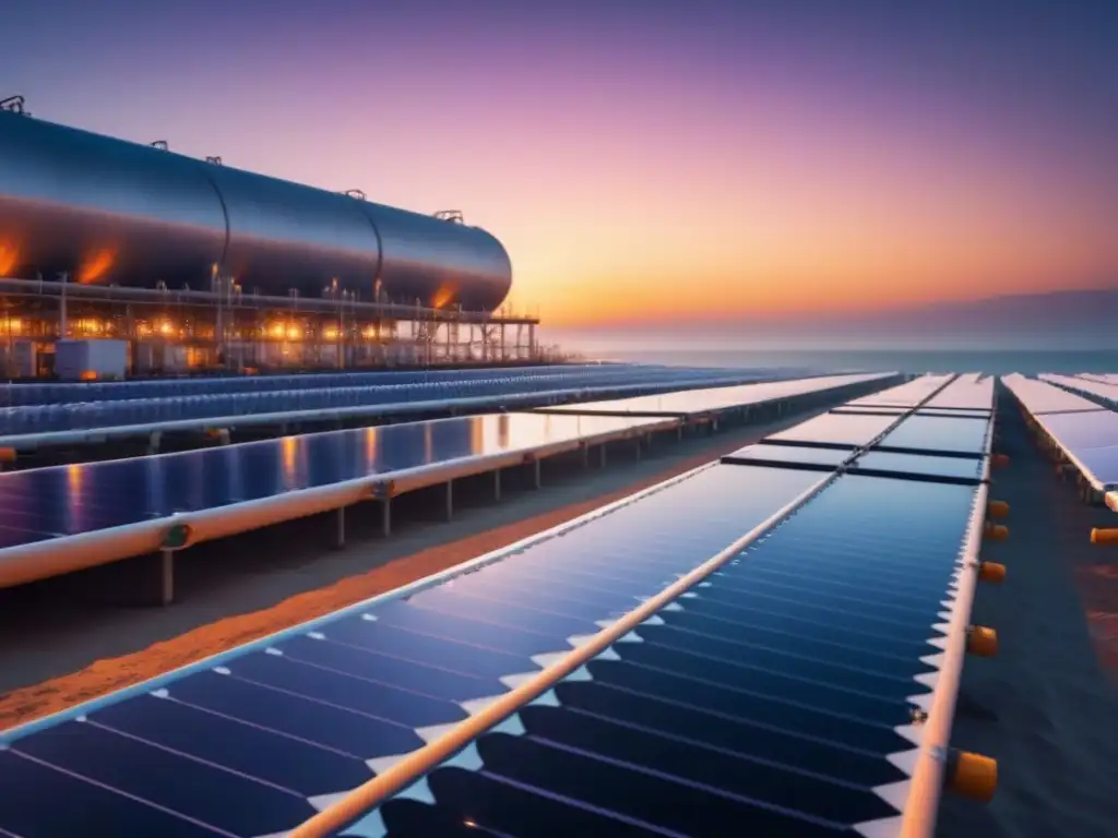 Vista futurista de planta desalinizadora al atardecer con paneles solares brillando en la luz tenue