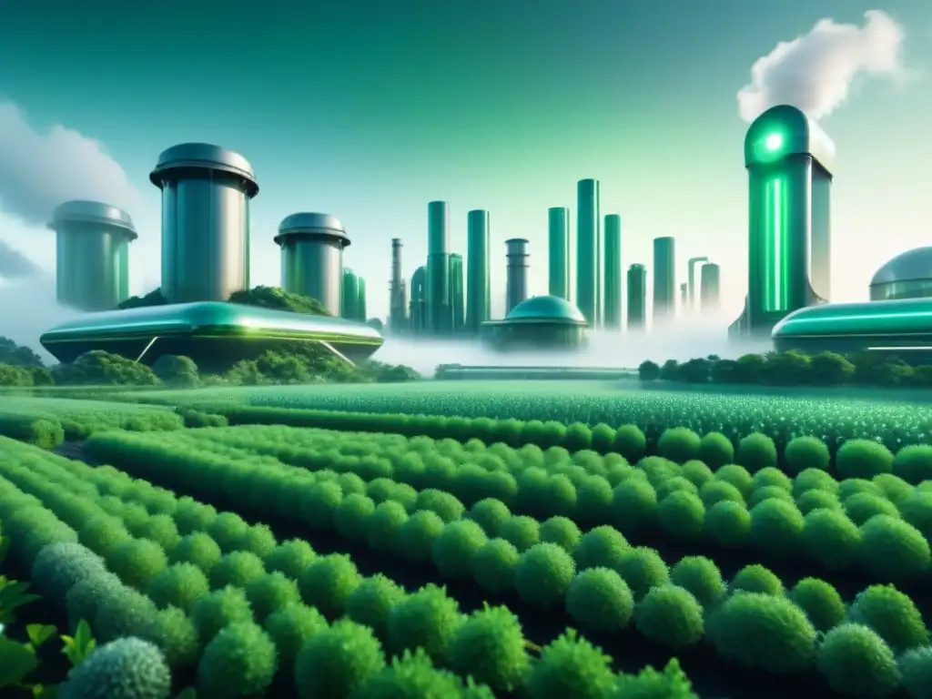 Una vista futurista de una planta industrial integrada a un paisaje verde, con nanobots trabajando