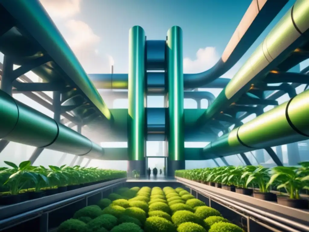 Vista futurista de planta industrial con estructuras metálicas integradas con nanomateriales sostenibles, fusionando tecnología y naturaleza