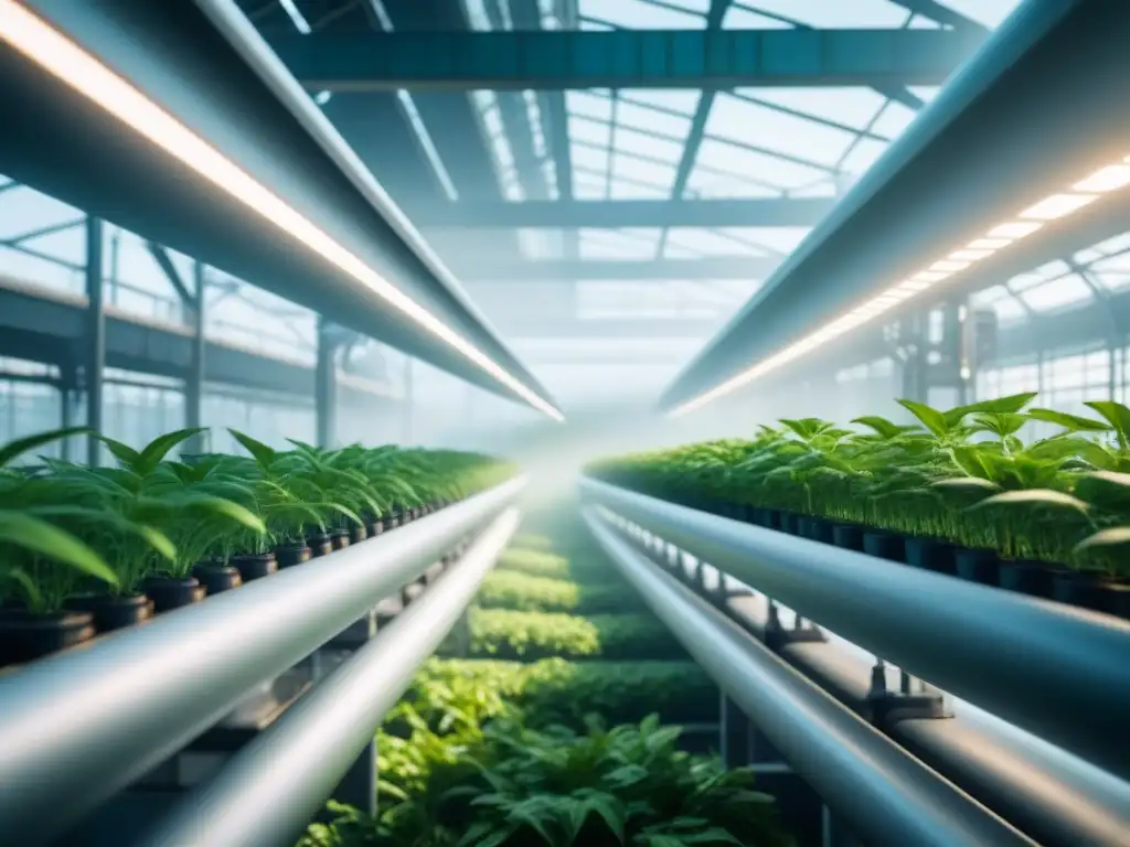 Vista futurista de planta industrial con biocatalizadores integrados, iluminada por luz natural