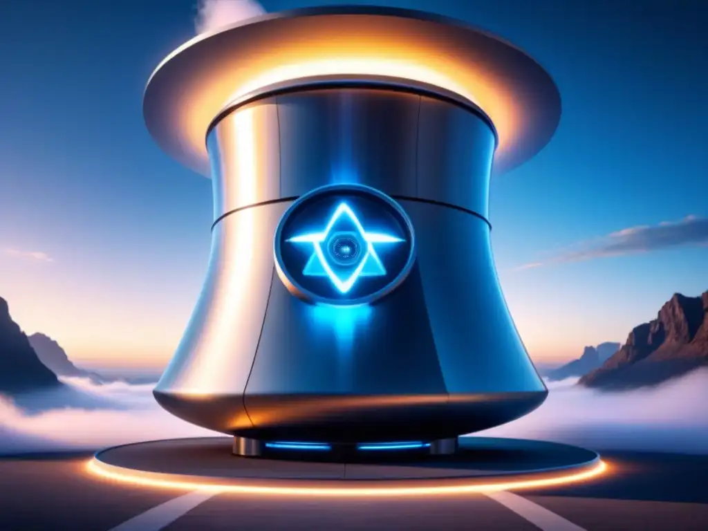 Vista futurista de reactor nuclear con tecnología de neutrones rápidos, luces azules y diseño geométrico innovador