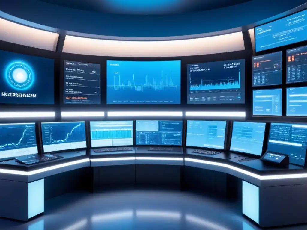 Vista futurista de sala control industrial con software automatización procesos industria 4