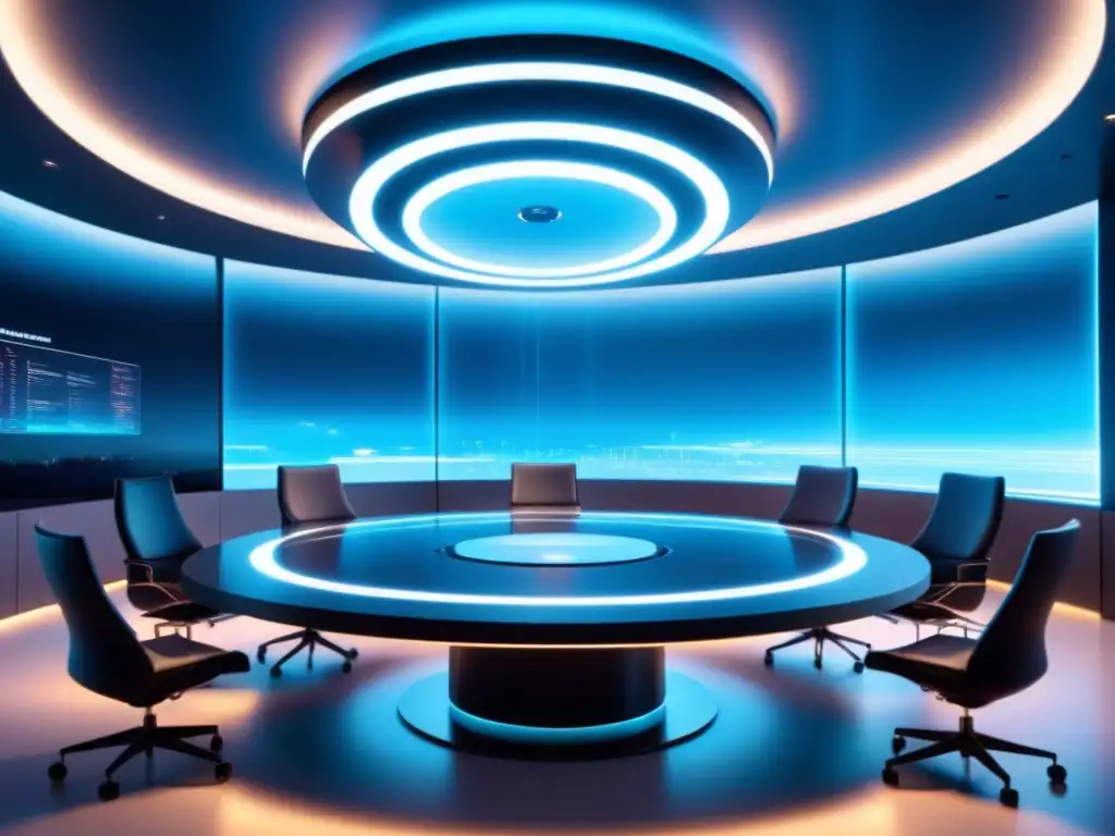 Salón de juntas futurista con tecnología AI Vista futurista de una sala de juntas empresarial con aplicaciones de Inteligencia Artificial Empresarial
