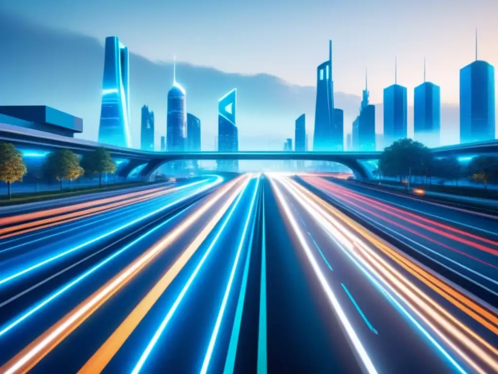 Vista futurista de sistemas inteligentes en infraestructura urbana con vehículos eléctricos autónomos y estaciones modernas