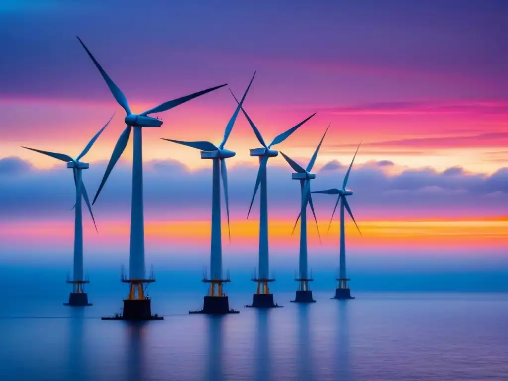 Una vista impresionante de avances en granjas eólicas offshore al atardecer, con turbinas en silueta contra el cielo naranja y rosa