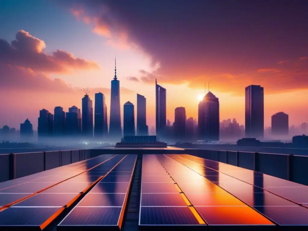 Vista impresionante de una ciudad moderna al atardecer, con rascacielos futuristas y paneles solares