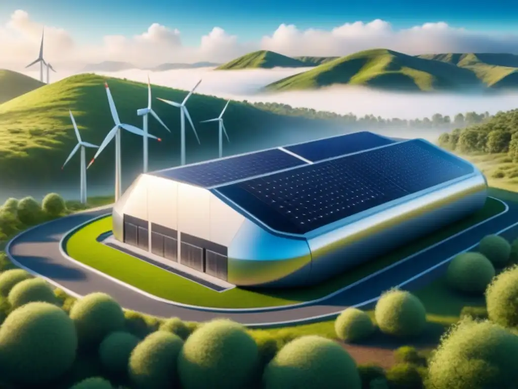 Vista impresionante de moderna instalación de almacenamiento de energía con energías renovables