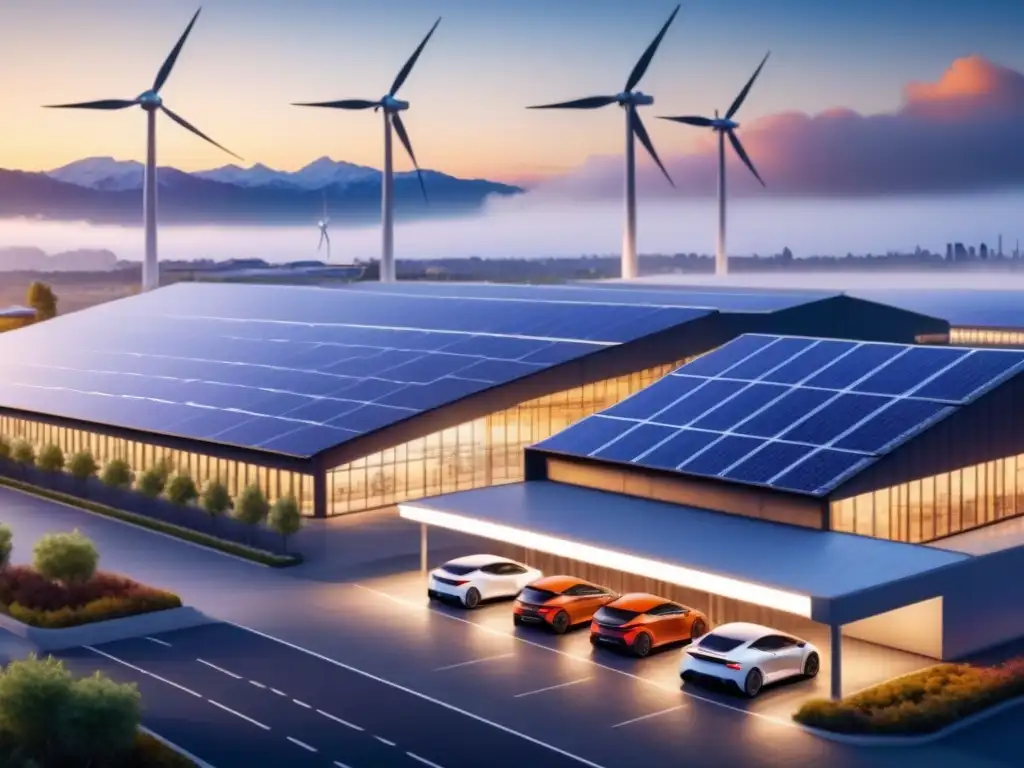 Vista impresionante de planta industrial moderna con paneles solares, molinos de viento y estaciones de carga para autos eléctricos