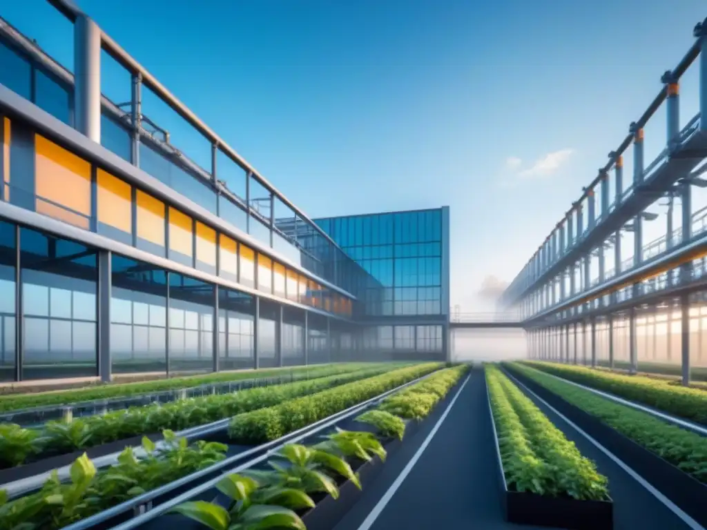 Vista impresionante de una planta industrial futurista integrada con la naturaleza