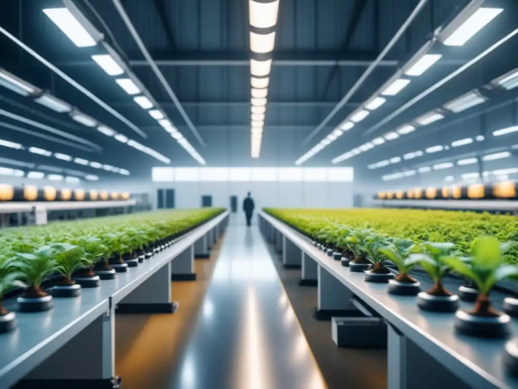 Smart factory del futuro: innovación sostenible Vista innovadora de una fábrica inteligente sostenible, con luces LED, robots avanzados y paneles solares