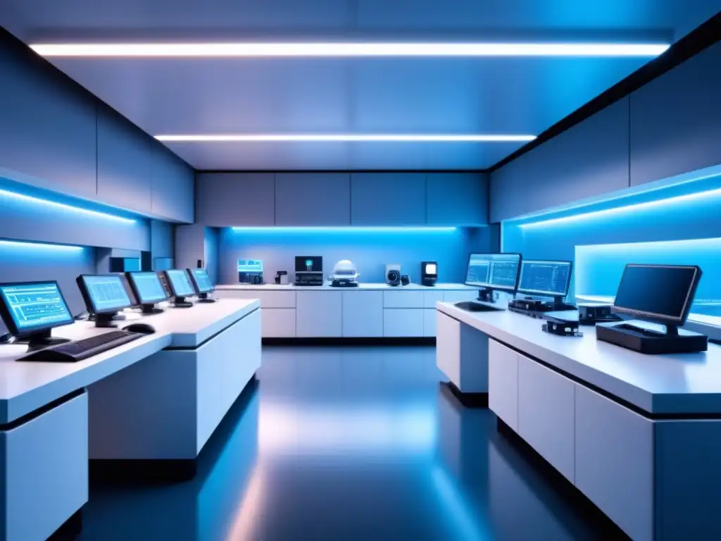 Vista de un laboratorio futurista con equipos de biotecnología avanzada, iluminación azul y diseño minimalista