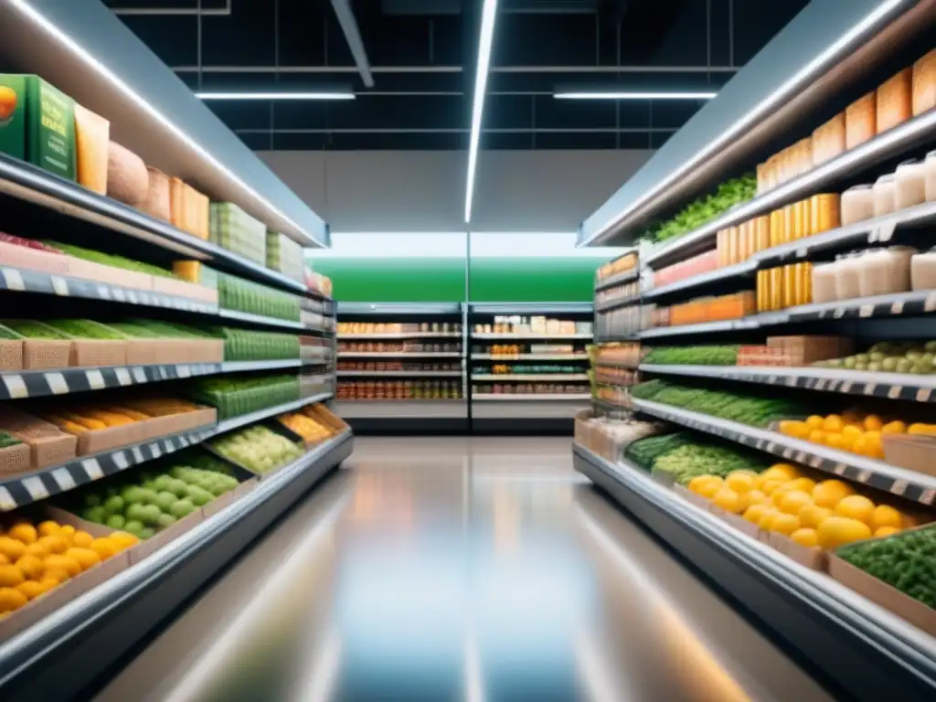 Vista minimalista de un pasillo de supermercado lleno de soluciones sostenibles embalajes industria alimentaria en diversos colores y formas