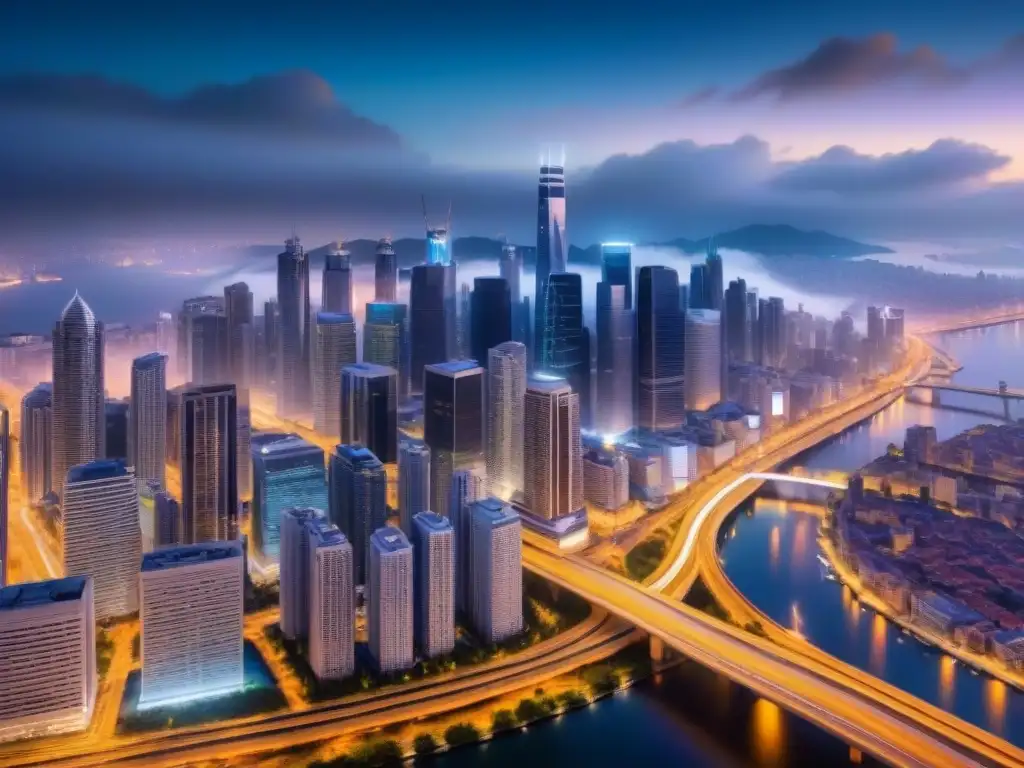 Vista nocturna de una ciudad moderna con rascacielos iluminados y carreteras brillantes, destacando la planificación infraestructuras críticas GIS