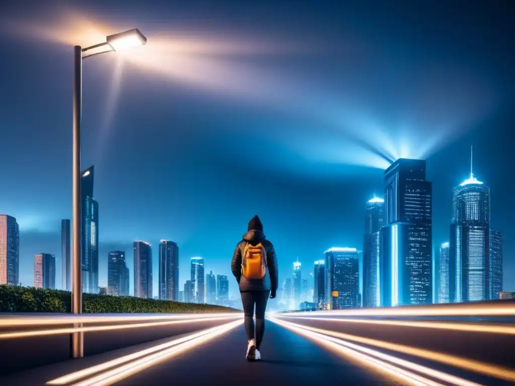 Vista nocturna de una ciudad moderna iluminada con luces LED, destacando la revolución LED en ciudades inteligentes