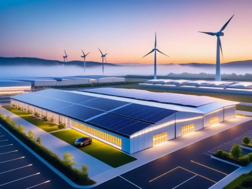 Smart Factory Sostenible: Diseño Minimalista con Energía Renovable Vista nocturna de una fábrica inteligente sostenible con diseño minimalista y eficiencia energética