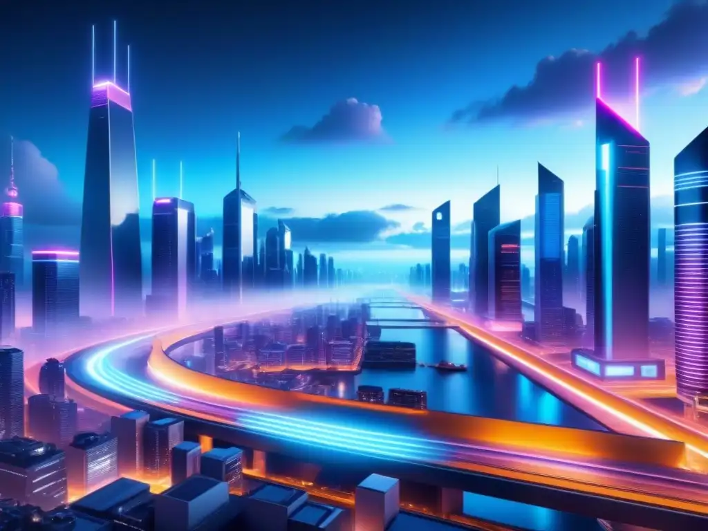 Vista nocturna futurista de ciudad con escudos digitales brillantes y estrategias innovadoras protección infraestructuras