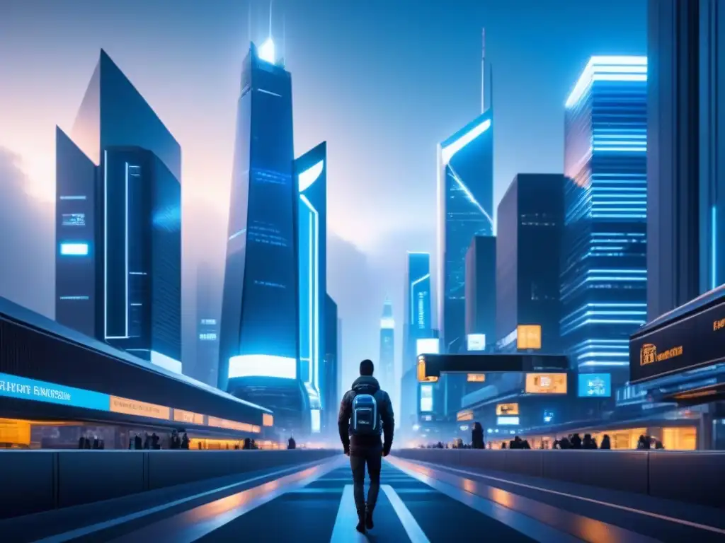 Vista nocturna futurista de ciudad con tecnologías emergentes de seguridad urbana